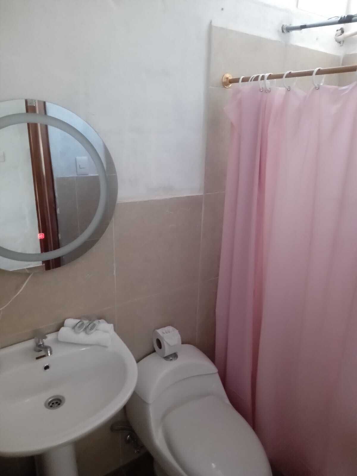 A bathroom with a round mirror, a sink, a toilet, and a pink shower curtain.
