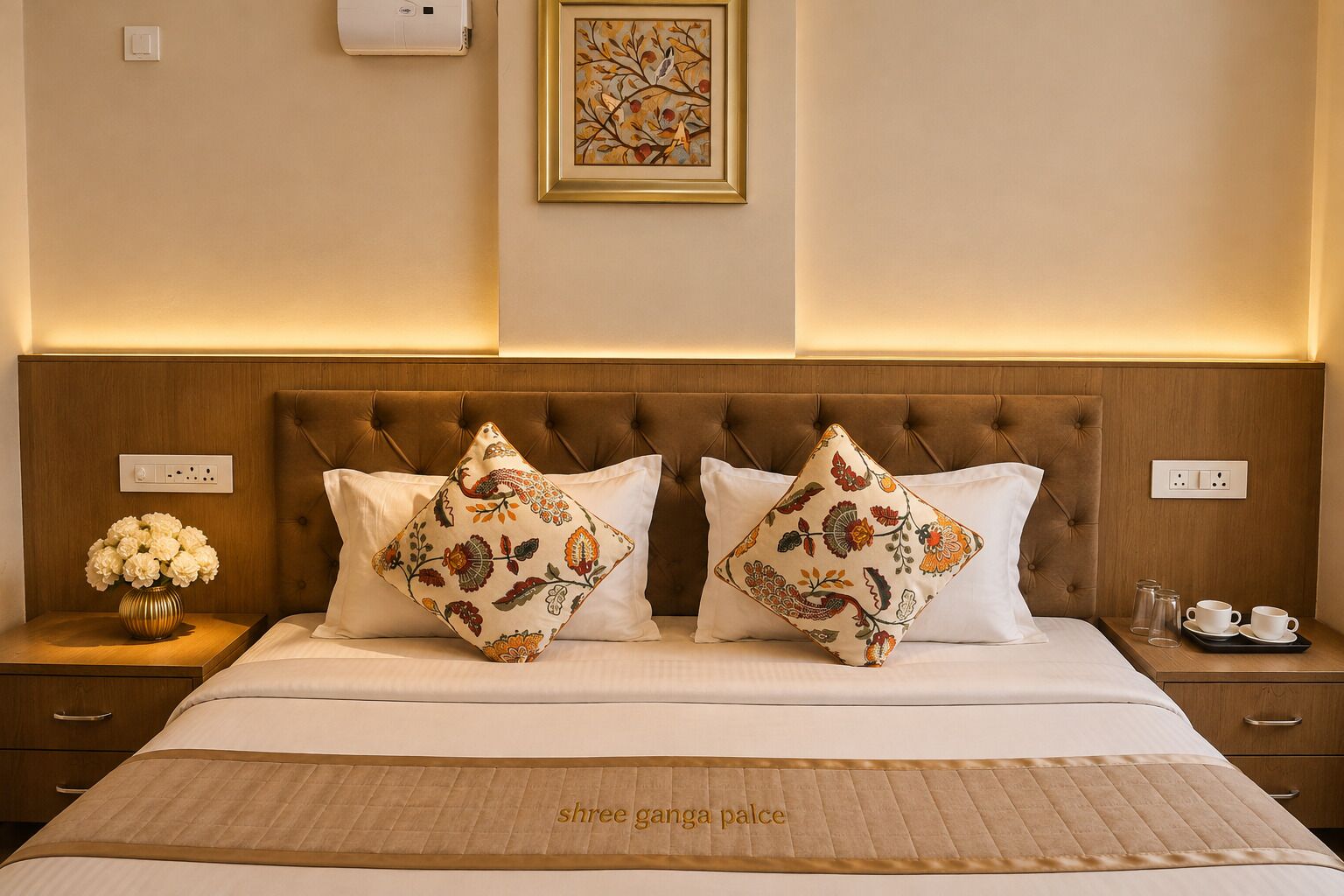 Quarto de hotel com cama, duas almofadas decorativas, mesa de cabeceira com um vaso de flores e uma obra de arte emoldurada na parede.