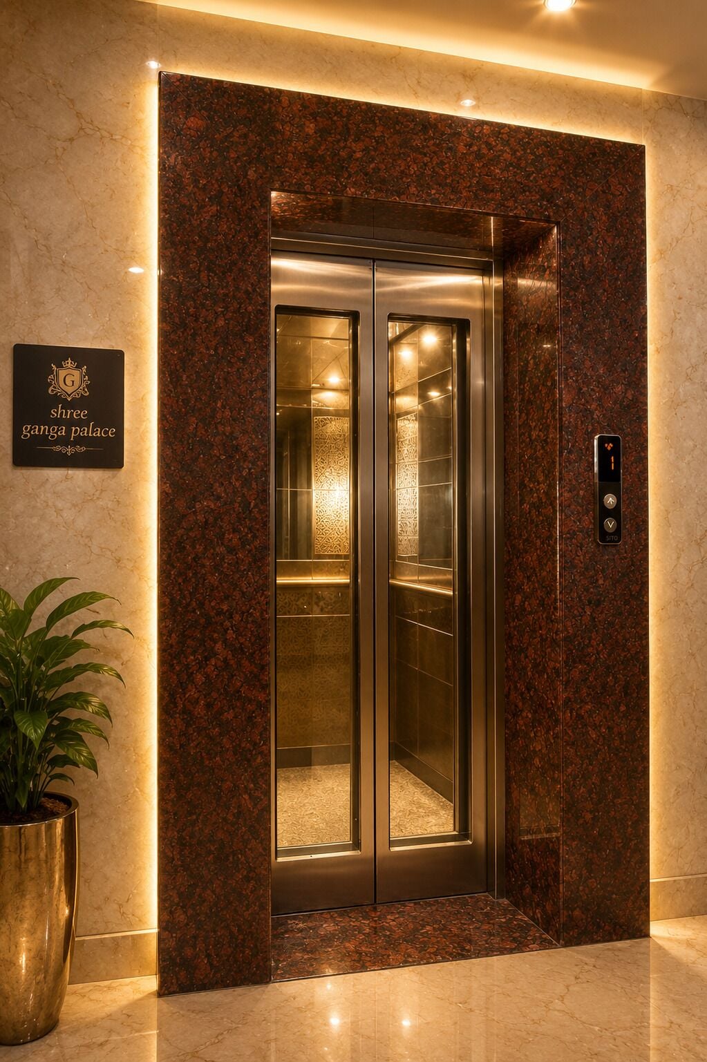 An elevator with a marble wall and a sign indicating 'Shree Ganga Palace.'