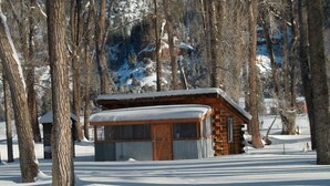 Een chalet met een houten gevel, omgeven door een met sneeuw bedekte grond en bomen.