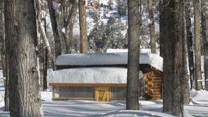 Een houten hut met een sneeuwbedekte dak, omgeven door bomen in een besneeerd landschap.