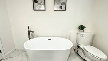 Hair dryer, towels, soap, toilet paper