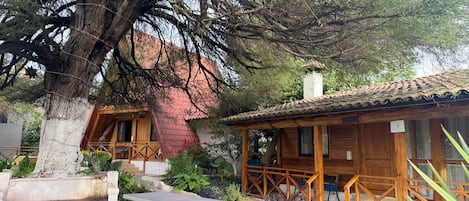 A rustic wooden cabin with a stone patio, a large tree, and a small table.