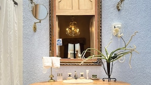 A bathroom vanity with a mirror, sink, and a potted plant. - CABAÑAS BERNAL & HOTEL & SUITES (Quéretaro)