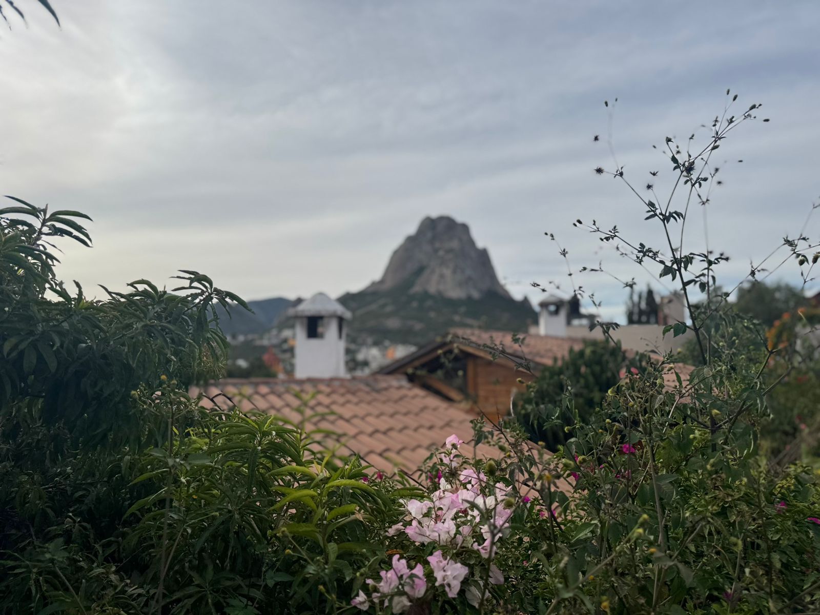 Paisaje rural con una montaña al fondo, un pequeño edificio blanco con techo de paja y abundante vegetación en primer plano.