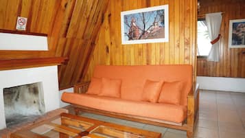 A wooden interior with a sofa, a fireplace, and a framed picture on the wall.