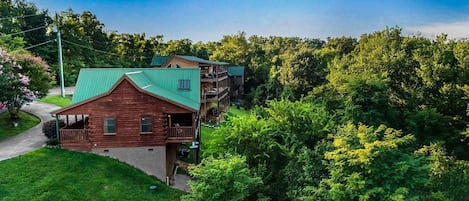 A wooden cabin with a green roof, surrounded by lush greenery and trees.