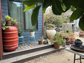 A porch with various potted plants and a large red barrel. - Cozy cottage close to USC, downtown and quick trip to Culver City and Hollywood. (Los Angeles)