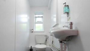 A small, white bathroom with a toilet, a sink, and a window.