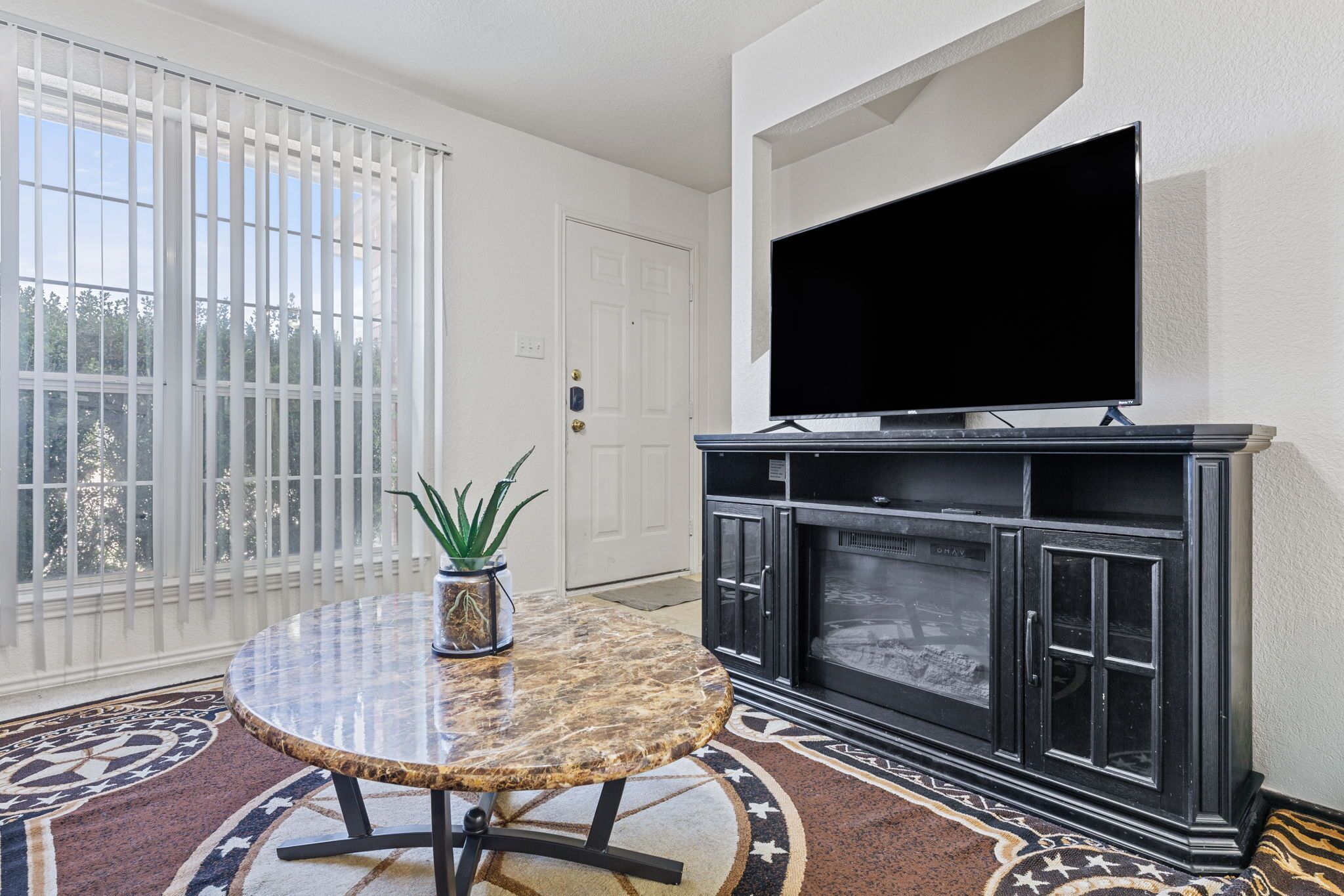 A living room with a television on a black cabinet, a round marble table with a plant, and a patterned rug.