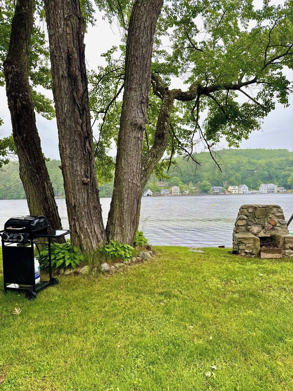 A lakeside setting with a grill and stone fireplace, surrounded by trees and a view of buildings across the water.