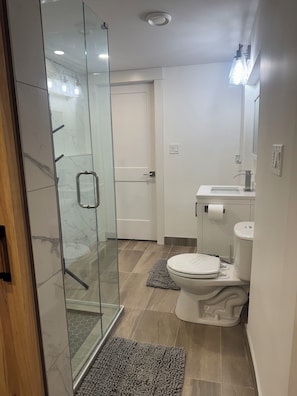 A modern bathroom with a glass shower enclosure, a toilet, and a sink. - Cozy Bachelor Suite (Port Alberni)