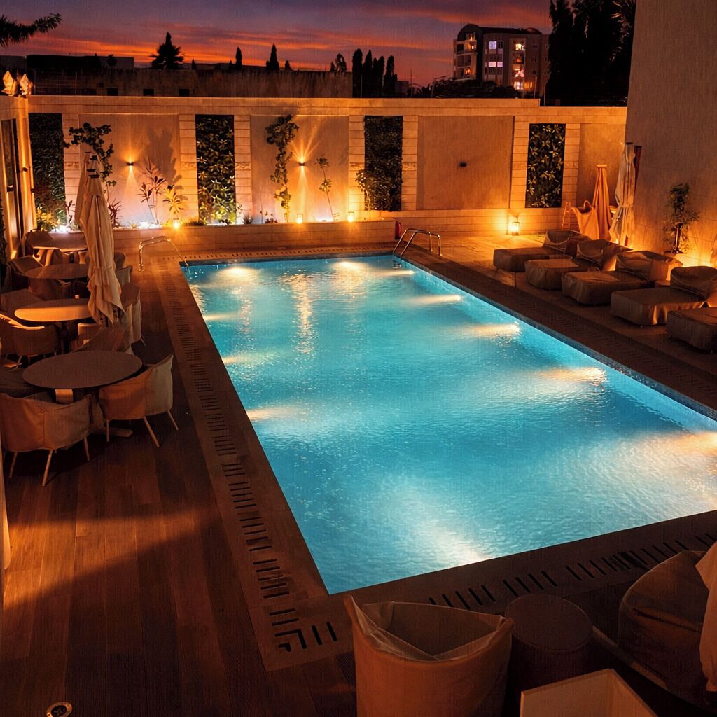 A swimming pool with lounge chairs and tables, surrounded by walls with decorative plants and lighting.