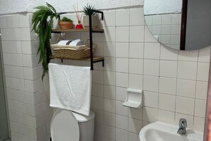 Ein Badezimmer mit einer weißen Toilette, einem weißen Waschbecken und einem Spiegel darüber. Ein Handtuch hängt an der Wand neben der Toilette, und ein Regal mit einer Pflanze und einem Korb ist ebenfalls vorhanden.