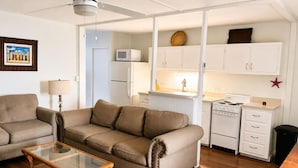 Un espacio habitable compacto con sofá, una mesa de centro de vidrio, una kitchenette con estufa, microondas y armarios.