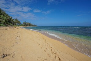 A sandy beach with footprints leading to the water, a clear sky, and a line of trees in the background. - New***Islander on the Beach 315-Top Floor Corner Mountain View with AC Sleeps 4 (Kapaa)