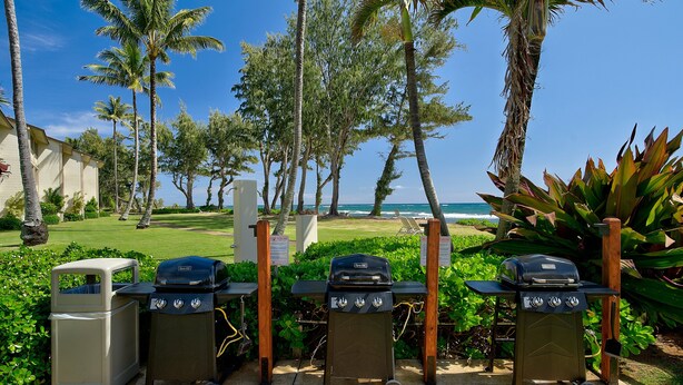 A barbecue setup with two grills and a trash can in a garden with palm trees and a view of the ocean. - New***Islander on the Beach 315-Top Floor Corner Mountain View with AC Sleeps 4 (Kapaa)
