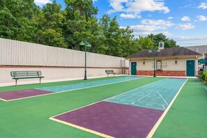 Ein Tennisplatz mit grüner Spielfläche und einem violetten Bereich, Bänke, ein Zaun und ein Gebäude mit einer grünen Tür.