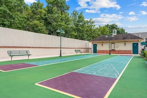 Ein Tennisplatz mit grüner Spielfläche und einem violetten Bereich, Bänke, ein Zaun und ein Gebäude mit einer grünen Tür.