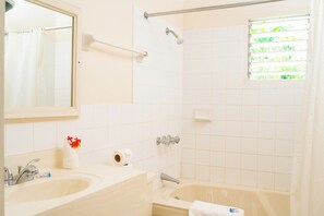 Secadora de cabello, toallas, jabón, papel de baño 