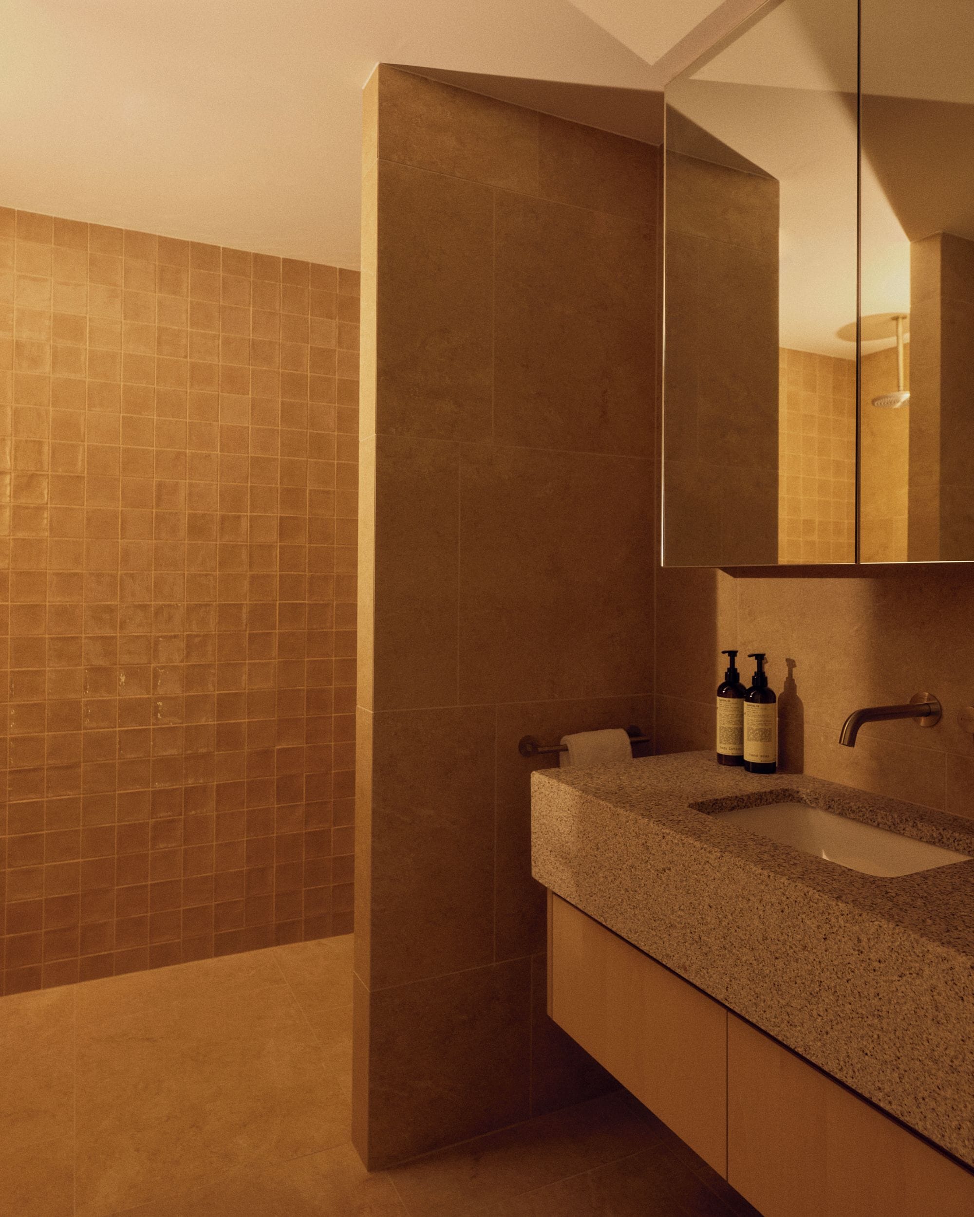 Un bagno con uno specchio grande, un lavandino e due flaconi di shampoo.