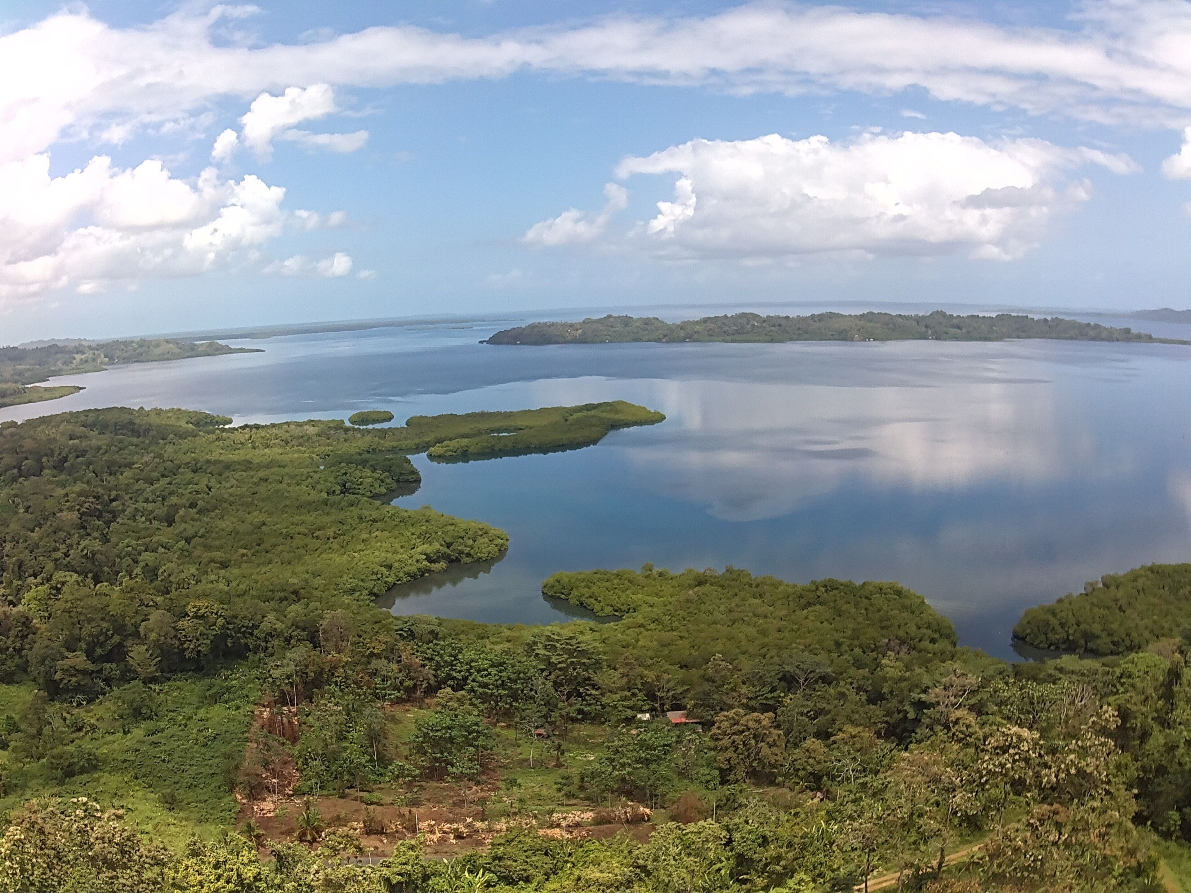 Una vista panorámica de un lago rodeado de exuberante vegetación y pequeñas islas.