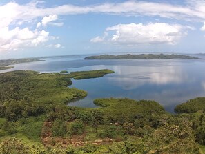 Une vue panoramique d’un lac entouré d’une végétation luxuriante et de petites îles.