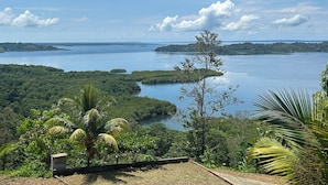 A coastal landscape with a view of a large body of water, surrounded by dense greenery and palm trees. - Mi Refugio (Valle de Agua Arriba)