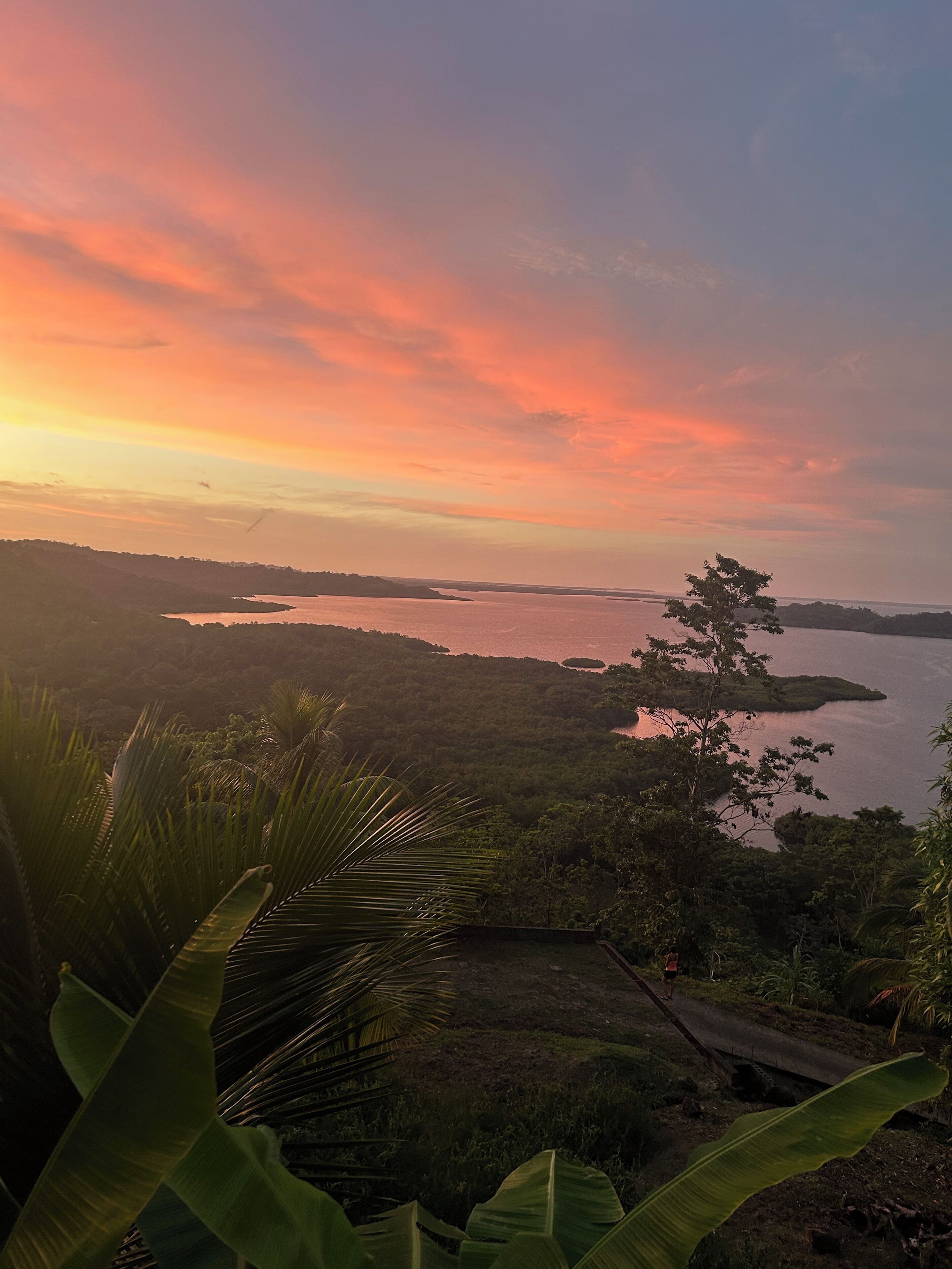 A natural landscape with a body of water, vegetation, and a clear sky.