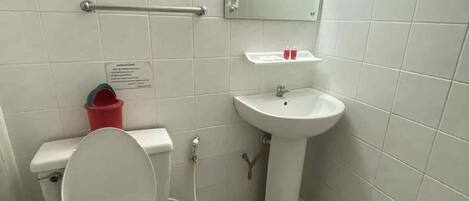 A bathroom with a toilet, sink, and a mirror.