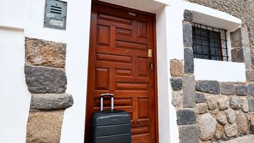 Une façade en pierre avec une porte en bois, une valise noire et une plaque portant le numéro « 455 ».