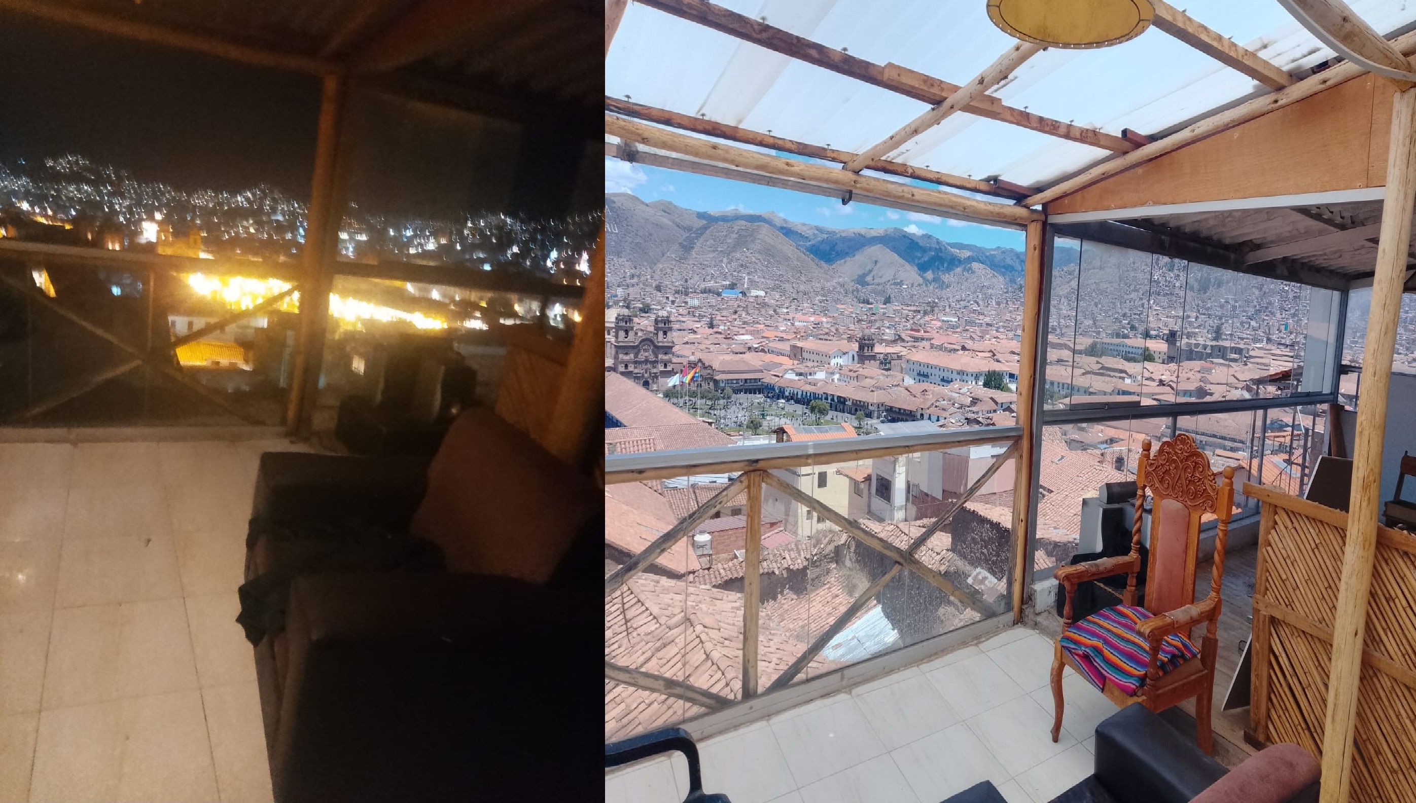 Habitación con un ventanal grande que da a un paisaje urbano y montañas. Hay una silla de madera con un cojín colorido y una mesa de madera.