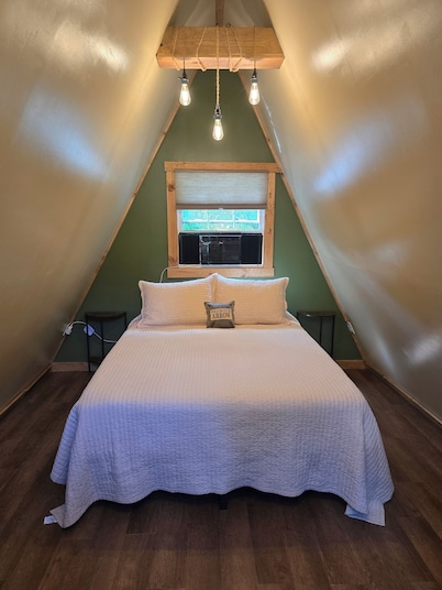 The Shady Lane A-Frame in Mt. Lookout. Glamping with A/C, queen bed, and more!