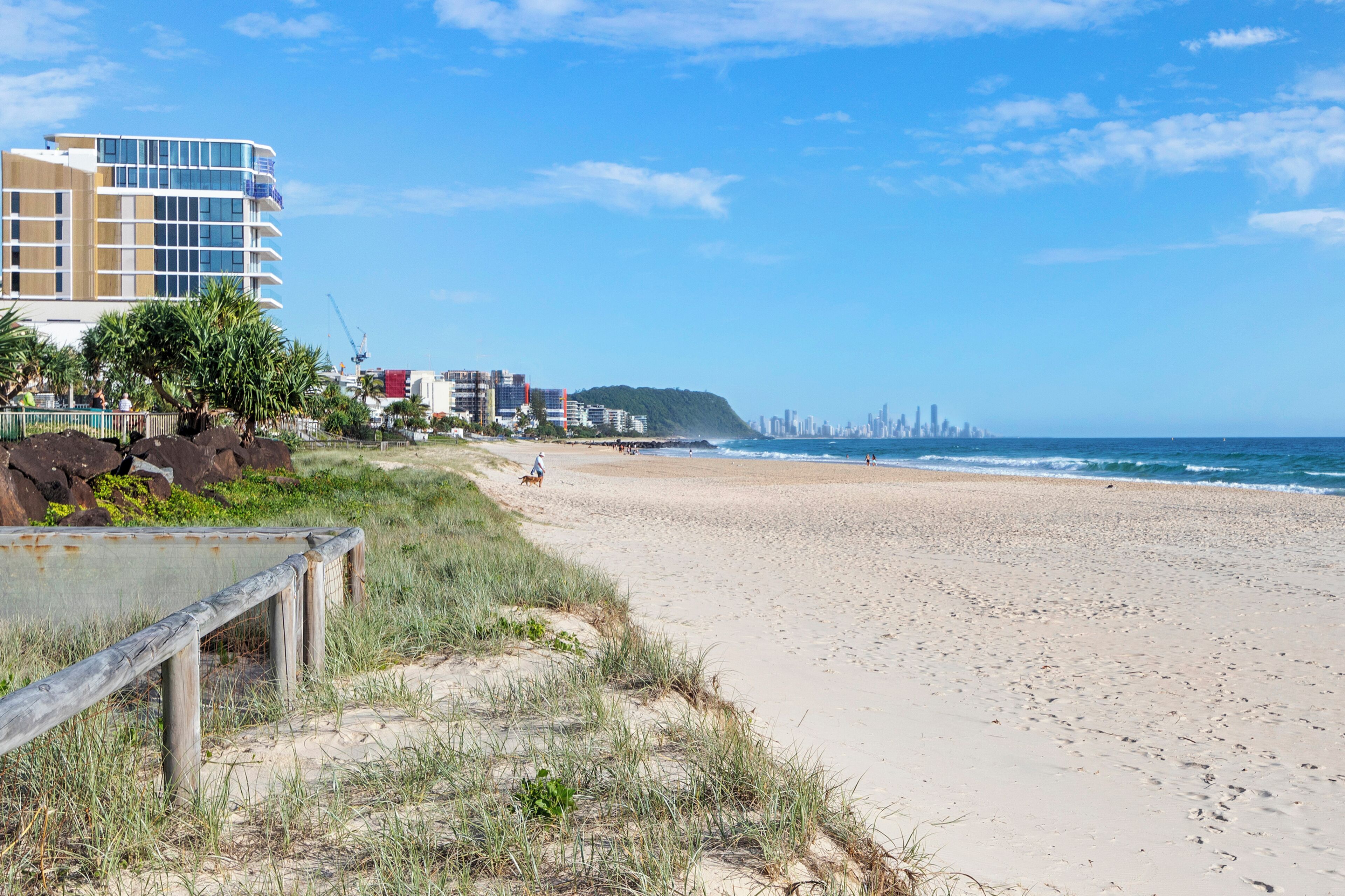 Ein Strand mit einer Holzlattenverkleidung, einer Rasenfläche und einer Stadtkulisse im Hintergrund.