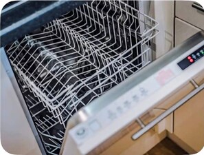 A dishwasher with a control panel and a rack inside. - Salford Serenity - Modern 2 Bedroom Apartment (Salford)