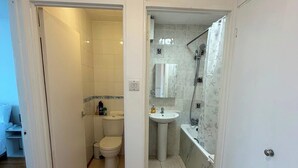 Un couloir menant à une salle de bain équipée de toilettes, d’un lavabo et d’une zone douche.