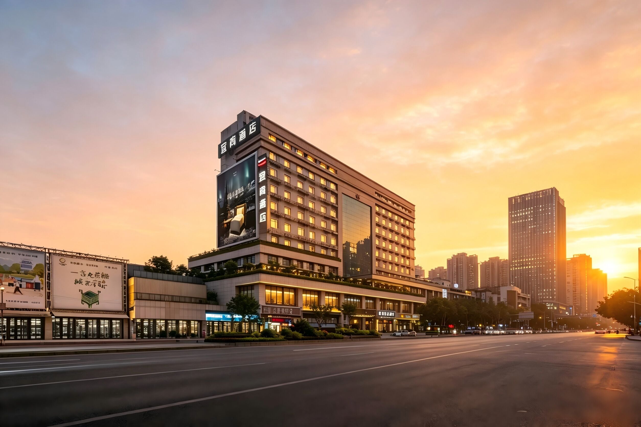 A multi-story hotel with a modern facade, located in an urban setting with a sunset in the background.