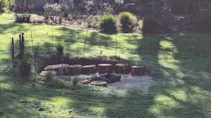 A garden with a circular arrangement of wooden stumps and a small pond.