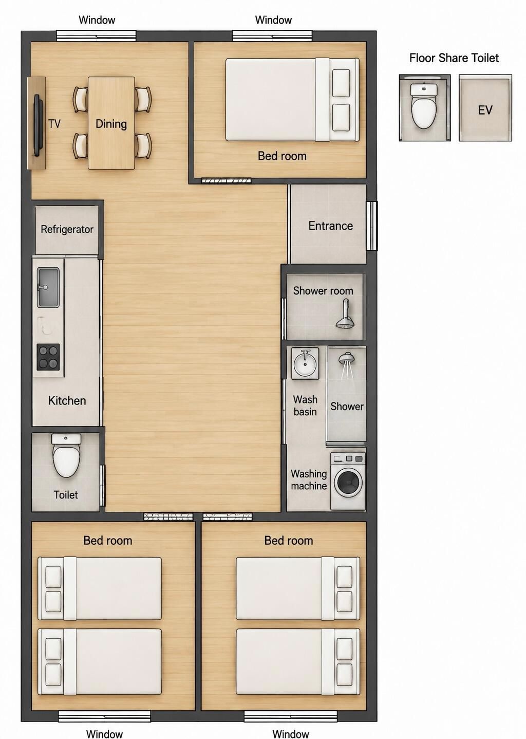 Hotellihuoneen pohjapiirros, jossa on ruokailutila, kaksi makuuhuonetta, keittiö, kylpyhuone ja televisio.