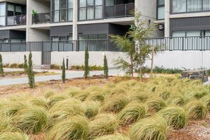 A modern building with a balcony, a stone wall, and a grassy area with tall grasses.