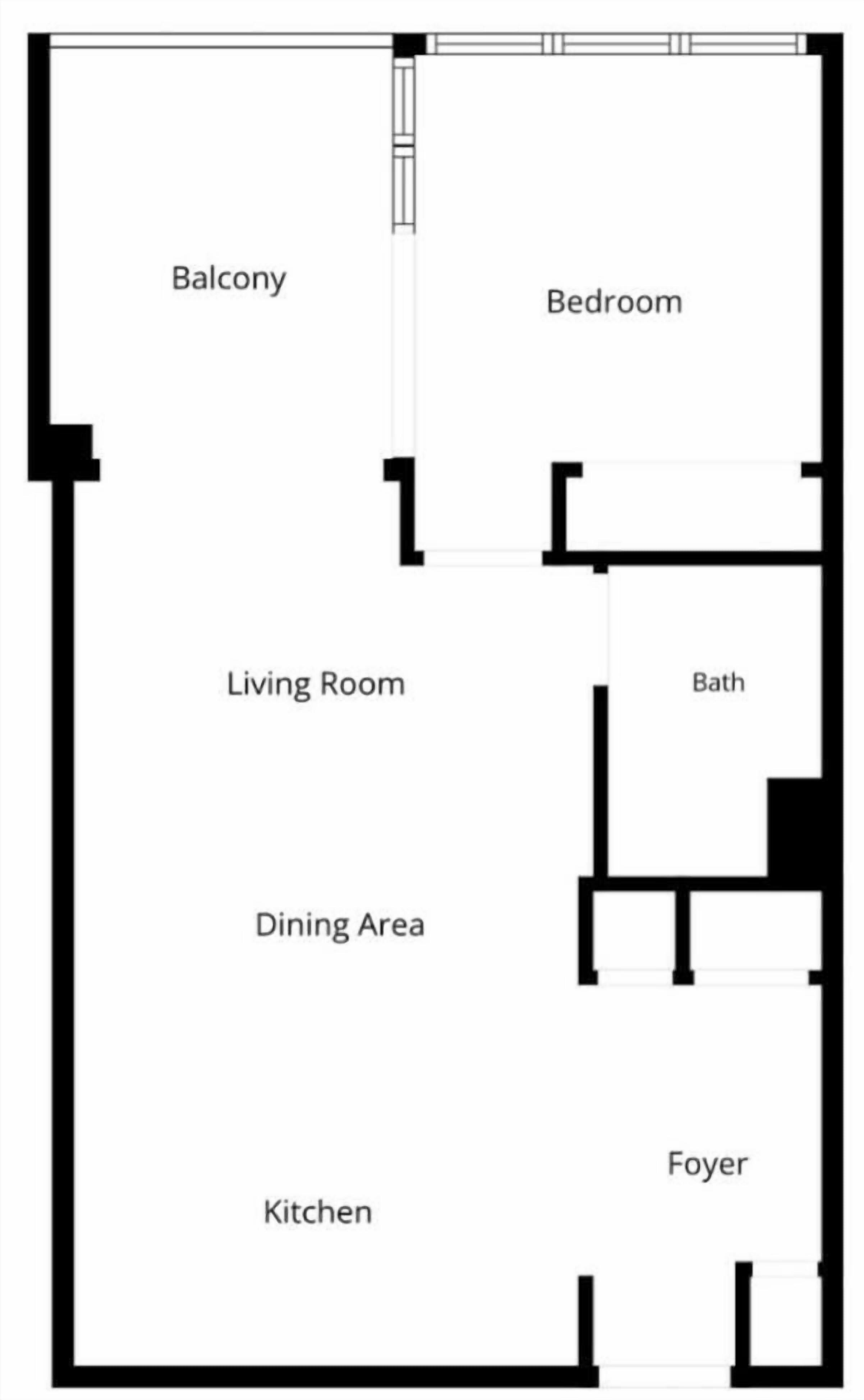 A floor plan with a balcony, bedroom, living room, dining area, kitchen, bath, and foyer.