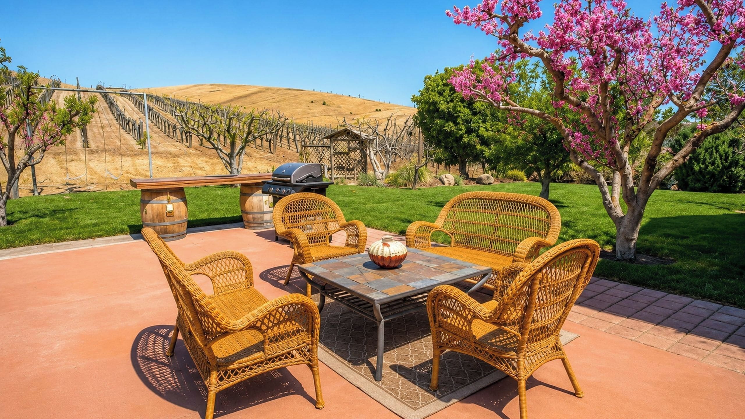 An outdoor patio with wicker furniture, a grill, and a view of a hilly landscape.