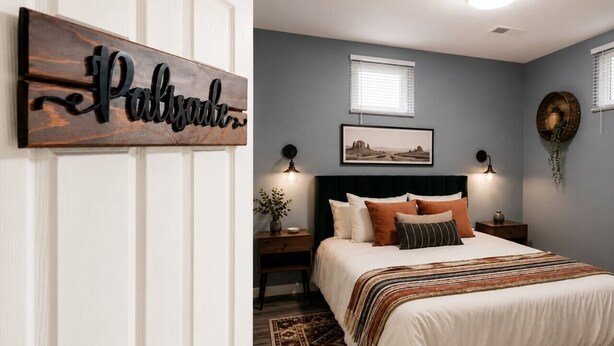 A bedroom with a bed, bedside tables, a wall-mounted sign, a framed picture, and a window with blinds. - 5 BR | Hot Tub•Game Room•Fire Pit•Big Backyard (Westminster)