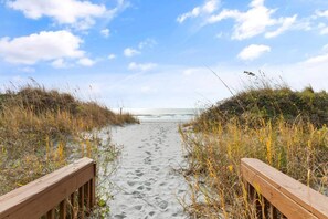A sandy beach path with wooden railings, leading to the ocean. - Beachfront Condo|Private Pool, Oceanfront Balcony (North Myrtle Beach)