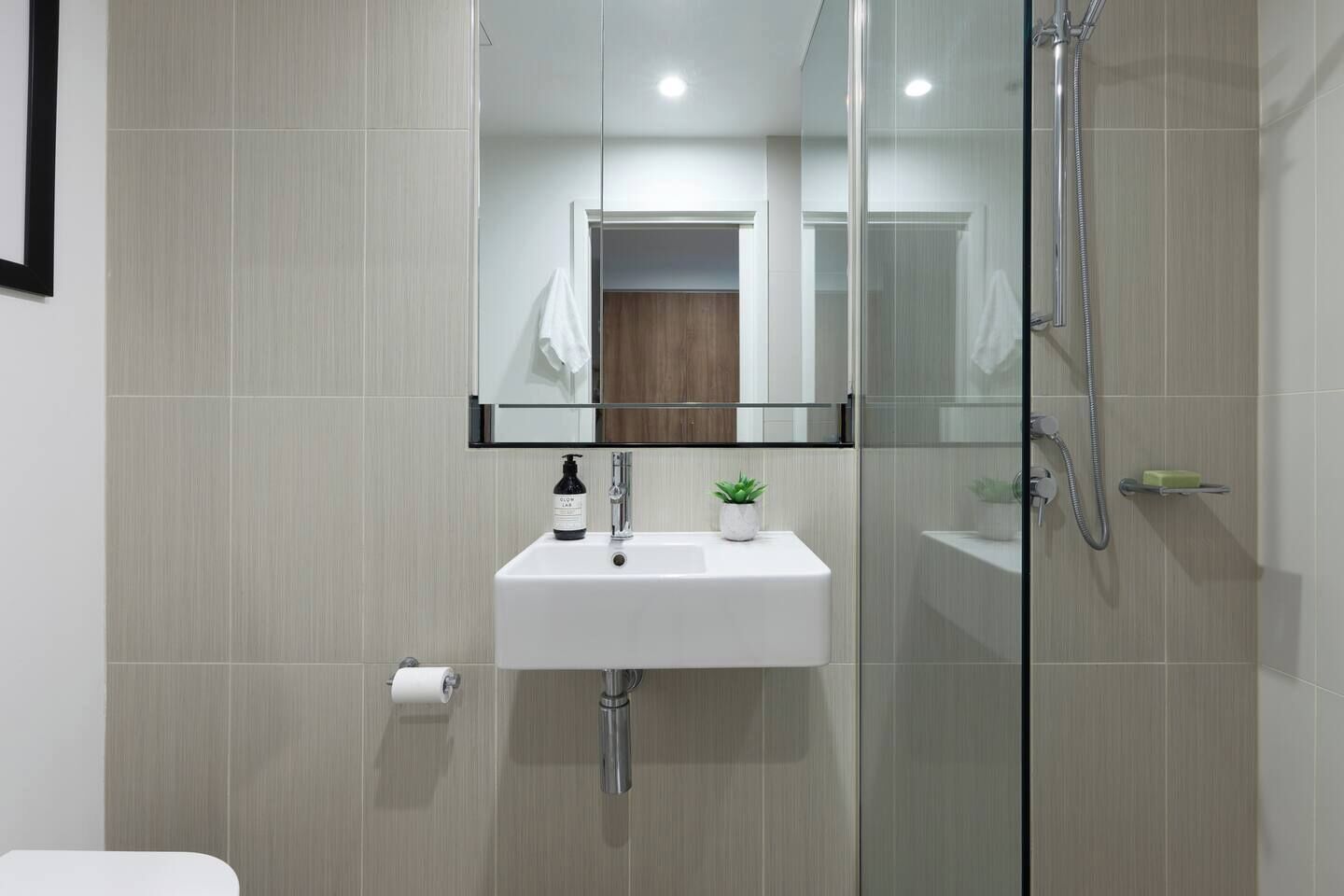 A modern bathroom with a glass shower enclosure, a white sink with a mirror above it, and a small potted plant on the sink.