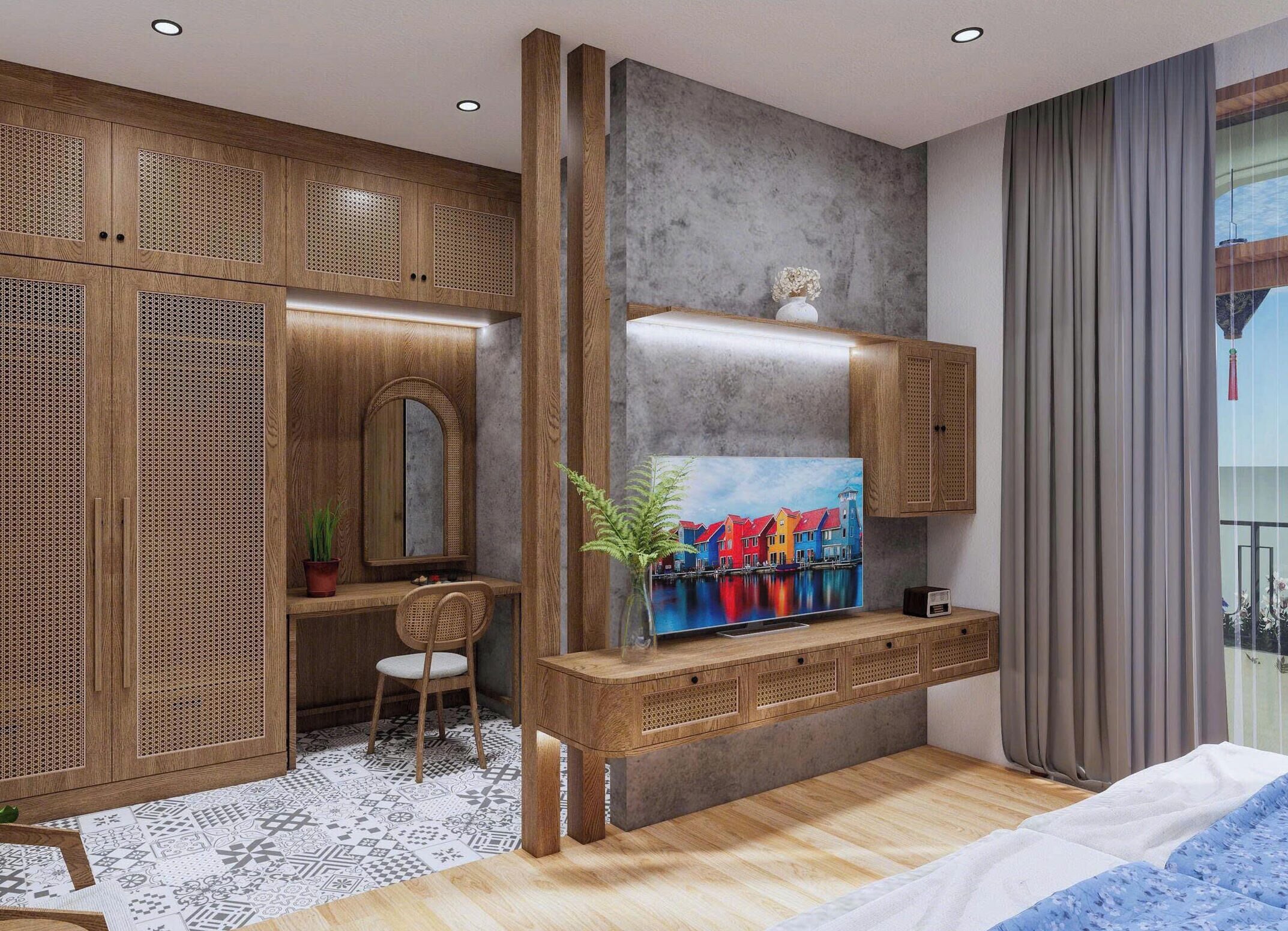 Un dormitorio moderno con una cama grande, un escritorio de madera, un televisor y un amplio ventanal con cortinas.