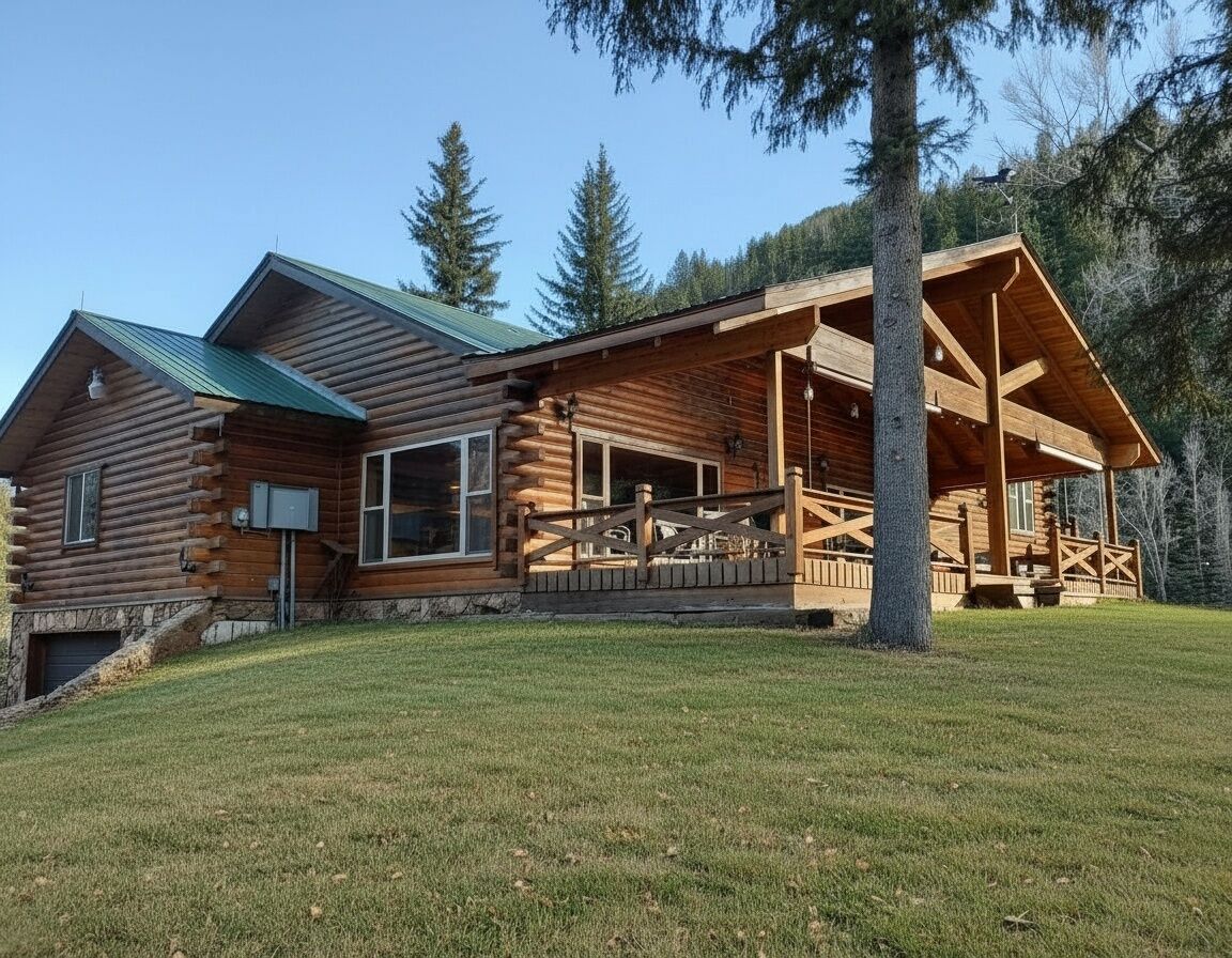 A log cabin with a porch and a covered deck, surrounded by a grassy area and trees.