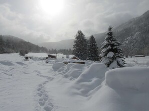 Eine verschneite Winterlandschaft mit einer Hütte und einem mit Schnee bedeckten Baum.