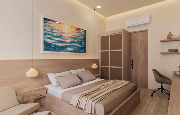 A modern bedroom with a bed, bedside tables, a desk, and a chair. - The Sultanate Fulhadhoo (Fulhadhoo)
