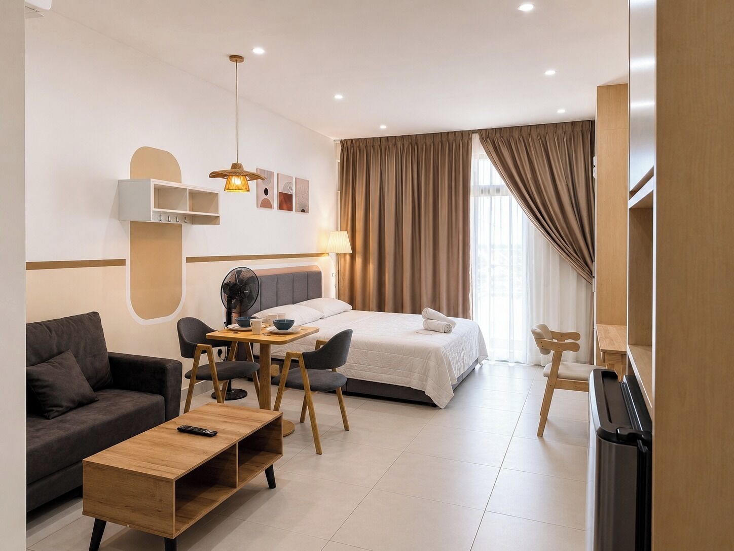 Habitació d'hotel moderna amb llit, sofà, taula de dinar i televisió.